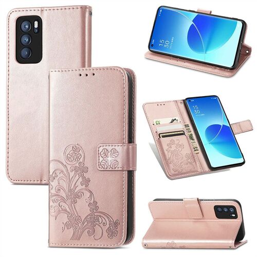 Oppo Reno6 Pro Coque, Saturcase Lucky Clover Pu Cuir Magnétique Flip Portefeuille Support Porte-Carte Protecteur Housse Étui Avec Dragonne Pour Oppo Reno6 Pro (Or Rose)