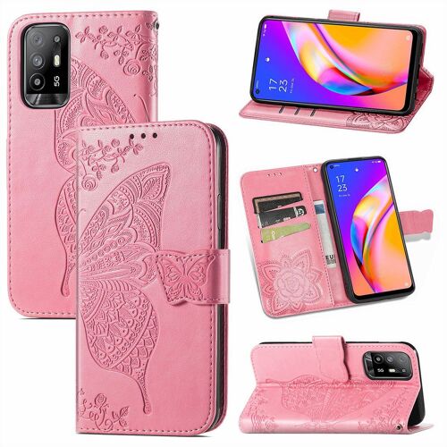 Saturcase Coque Pour Oppo A94 5g, Papillon Fleurs Pu Cuir Magnétique Flip Portefeuille Support Porte-Carte Protecteur Housse Étui Avec Dragonne Pour Oppo A94 5g (Pink)