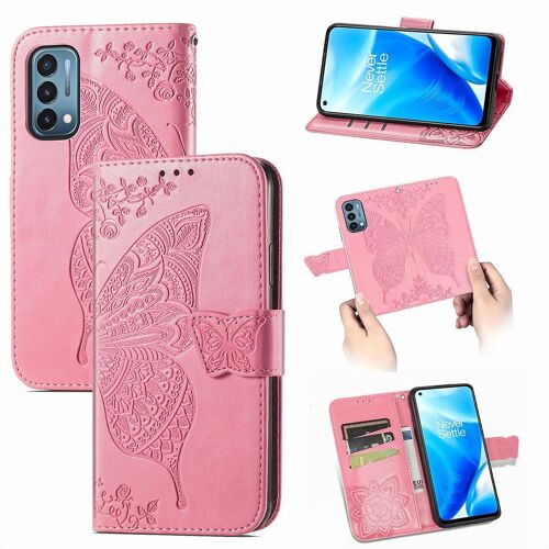 Saturcase Coque Pour Oneplus Nord N200 5g, Papillon Fleurs Pu Cuir Magnétique Flip Portefeuille Support Porte-Carte Protecteur Housse Étui Avec Dragonne Pour Oneplus Nord N200 5g (Pink)