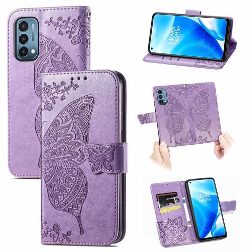 Saturcase Coque Pour Oneplus Nord N200 5g, Papillon Fleurs Pu Cuir Magnétique Flip Portefeuille Support Porte-Carte Protecteur Housse Étui Avec Dragonne Pour Oneplus Nord N200 5g (Lavande)