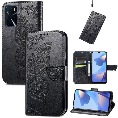 Saturcase Coque Pour Oppo A16 / A16s, Papillon Fleurs Pu Cuir Magnétique Flip Portefeuille Support Porte-Carte Protecteur Housse Étui Avec Dragonne Pour Oppo A16 / A16s (Noir)
