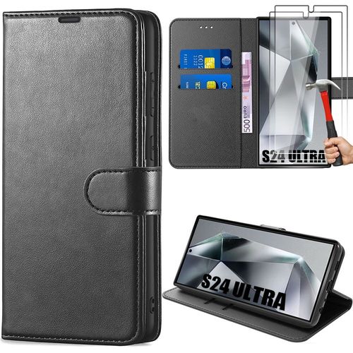 Coque + 2 Verres Trempés Pour Samsung Galaxy S24 Ultra, Coque Protection Antichoc Effet Cuir Noir - E.F.Connection