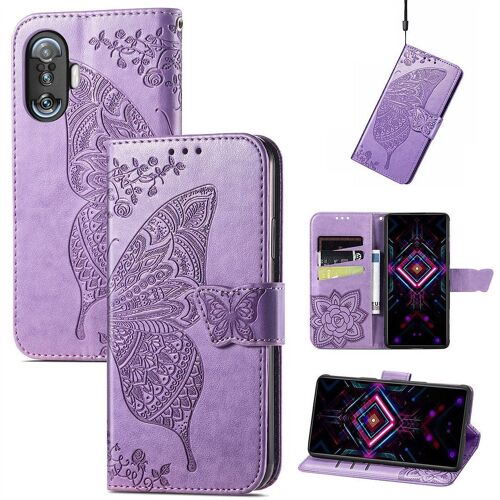 Saturcase Coque Pour Xiaomi Poco F3 Gt, Papillon Fleurs Pu Cuir Magnétique Flip Portefeuille Support Porte-Carte Protecteur Housse Étui Avec Dragonne Pour Xiaomi Poco F3 Gt (Lavande)