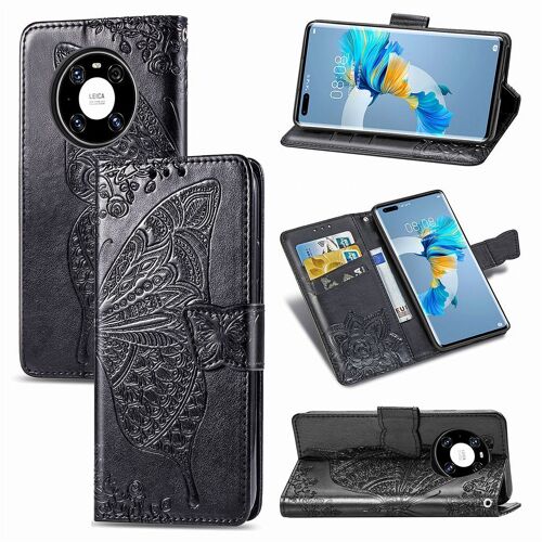 Huawei Mate 40 Pro Coque, Saturcase Papillon Fleurs Pu Cuir Magnétique Flip Portefeuille Support Porte-Carte Protecteur Housse Étui Avec Dragonne Pour Huawei Mate 40 Pro (Noir)