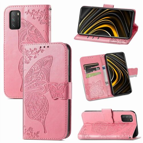 Xiaomi Poco M3 Coque, Saturcase Papillon Fleurs Pu Cuir Magnétique Flip Portefeuille Support Porte-Carte Protecteur Housse Étui Avec Dragonne Pour Xiaomi Poco M3 (Pink)