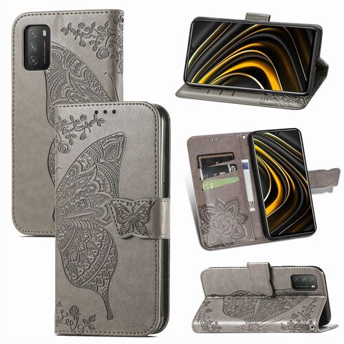 Xiaomi Poco M3 Coque, Saturcase Papillon Fleurs Pu Cuir Magnétique Flip Portefeuille Support Porte-Carte Protecteur Housse Étui Avec Dragonne Pour Xiaomi Poco M3 (Gris)