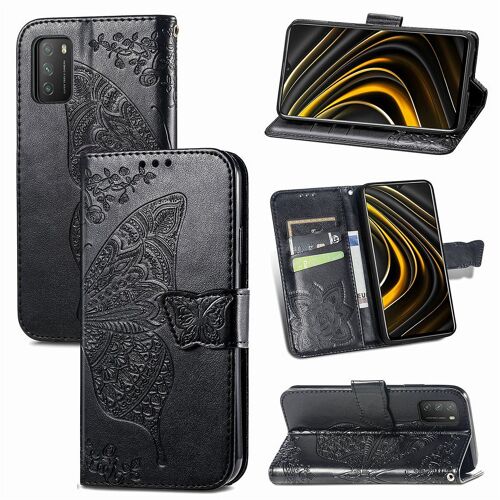 Xiaomi Poco M3 Coque, Saturcase Papillon Fleurs Pu Cuir Magnétique Flip Portefeuille Support Porte-Carte Protecteur Housse Étui Avec Dragonne Pour Xiaomi Poco M3 (Noir)
