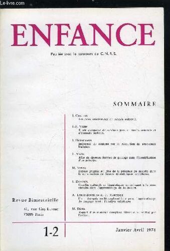 Enfance N° 1-2 - Les Deux Orientations Du Monde Enfantin Par J. Chateau. Etude Comparée De Schémas Plus Ou Moins Concrets Et D Énoncés Verbaux Par J.F Vezin. Influence Du Contenu Sur La Résolution De(...)