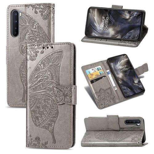 Oneplus Nord Coque, Saturcase Papillon Fleurs Pu Cuir Magnétique Flip Portefeuille Support Porte-Carte Protecteur Housse Étui Avec Dragonne Pour Oneplus Nord (Gris)