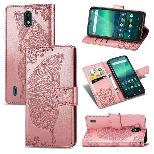Nokia 1.3 Coque, Saturcase Papillon Fleurs Pu Cuir Magnétique Flip Portefeuille Support Porte-Carte Protecteur Housse Étui Avec Dragonne Pour Nokia 1.3 (Or Rose)