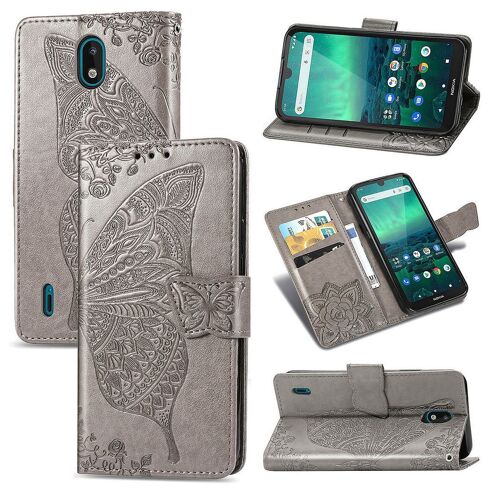 Nokia 1.3 Coque, Saturcase Papillon Fleurs Pu Cuir Magnétique Flip Portefeuille Support Porte-Carte Protecteur Housse Étui Avec Dragonne Pour Nokia 1.3 (Gris)