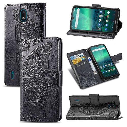Nokia 1.3 Coque, Saturcase Papillon Fleurs Pu Cuir Magnétique Flip Portefeuille Support Porte-Carte Protecteur Housse Étui Avec Dragonne Pour Nokia 1.3 (Noir)