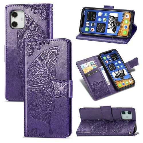 Apple Iphone 12 / 12 Pro Coque, Saturcase Papillon Fleurs Pu Cuir Magnétique Flip Portefeuille Support Porte-Carte Protecteur Housse Étui Avec Dragonne Pour Apple Iphone 12 / 12 Pro (Violet)