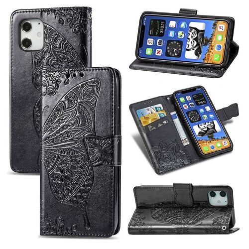 Apple Iphone 12 / 12 Pro Coque, Saturcase Papillon Fleurs Pu Cuir Magnétique Flip Portefeuille Support Porte-Carte Protecteur Housse Étui Avec Dragonne Pour Apple Iphone 12 / 12 Pro (Noir)