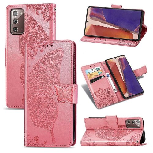 Samsung Galaxy Note 20 Coque, Saturcase Papillon Fleurs Pu Cuir Magnétique Flip Portefeuille Support Porte-Carte Protecteur Housse Étui Avec Dragonne Pour Samsung Galaxy Note 20 (Pink)