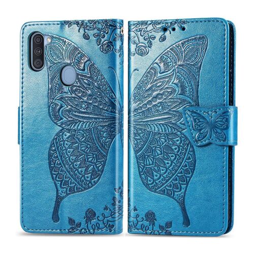 Samsung Galaxy A11 Coque, Saturcase Papillon Fleurs Pu Cuir Magnétique Flip Portefeuille Support Porte-Carte Protecteur Housse Étui Avec Dragonne Pour Samsung Galaxy A11 (Bleu)