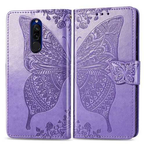 Xiaomi Redmi 8 Coque, Saturcase Papillon Fleurs Pu Cuir Magnétique Flip Portefeuille Support Porte-Carte Protecteur Housse Étui Avec Dragonne Pour Xiaomi Redmi 8 (Lavande)
