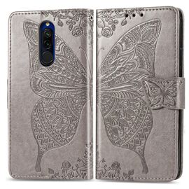 Xiaomi Redmi 8 Coque, Saturcase Papillon Fleurs Pu Cuir Magnétique Flip Portefeuille Support Porte-Carte Protecteur Housse Étui Avec Dragonne Pour Xiaomi Redmi 8 (Gris)