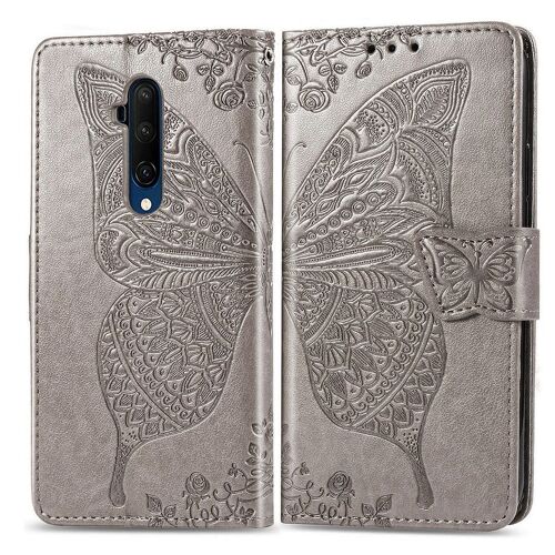 Oneplus 7t Pro Coque, Saturcase Papillon Fleurs Pu Cuir Magnétique Flip Portefeuille Support Porte-Carte Protecteur Housse Étui Avec Dragonne Pour Oneplus 7t Pro (Gris)