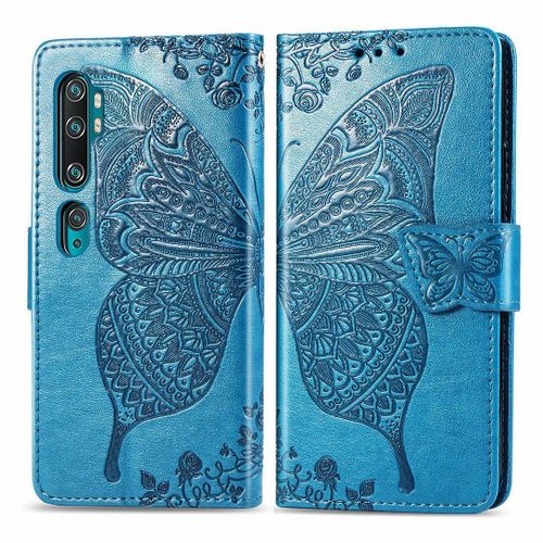 Xiaomi Mi Note 10 Coque, Saturcase Papillon Fleurs Pu Cuir Magnétique Flip Portefeuille Support Porte-Carte Protecteur Housse Étui Avec Dragonne Pour Xiaomi Mi Note 10 / Note 10 Pro (Bleu)