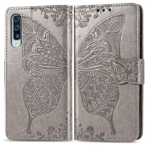 Samsung Galaxy A70s Coque, Saturcase Papillon Fleurs Pu Cuir Magnétique Flip Portefeuille Support Porte-Carte Protecteur Housse Étui Avec Dragonne Pour Samsung Galaxy A70s (Gris)