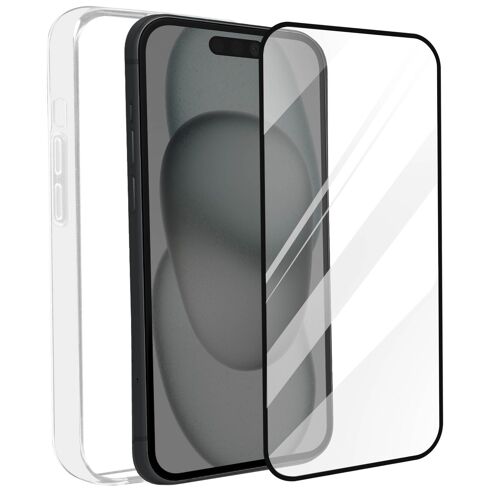 Coque pour Apple iPhone 15 Souple Transparente Verre Trempé 9H Noir Bigben