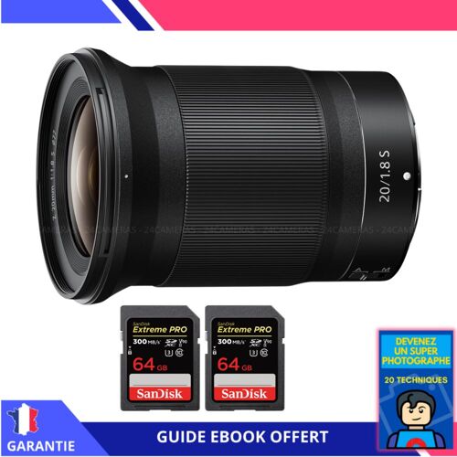 Nikon Z 20mm f/1.8 S + 2 SanDisk 64GB UHS-II 300 MB/s + Ebook 'Devenez Un Super Photographe' - Objectif Nikon Z pour Nikon Hybride