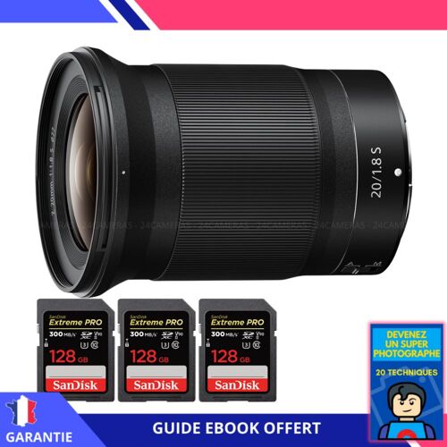 Nikon Z 20mm f/1.8 S + 3 SanDisk 128GB UHS-II 300 MB/s + Ebook 'Devenez Un Super Photographe' - Objectif Nikon Z pour Nikon Hybride