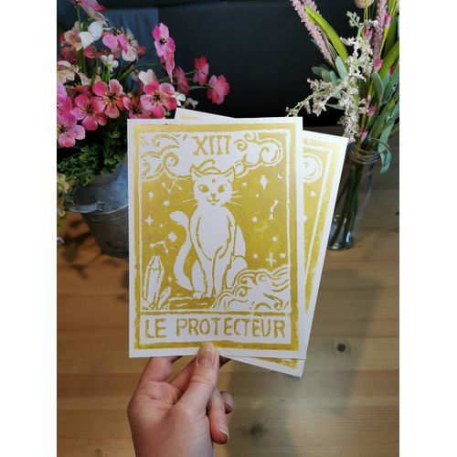 Linogravure Linocut Chat Carte De Tarot Or