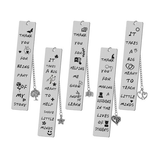 Lot De 5 Marque-Pages En Métal Avec Pendentif En Cuir Synthétique Pour Enseignant - Cadeau D'appréciation Pour Enseignant - 2,5 X 13 Cm - Argent
