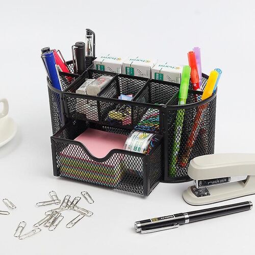 Organiseur de rangement pour fournitures de bureau avec 4 compartiments et tiroir coulissant pour l'organisation du bureau