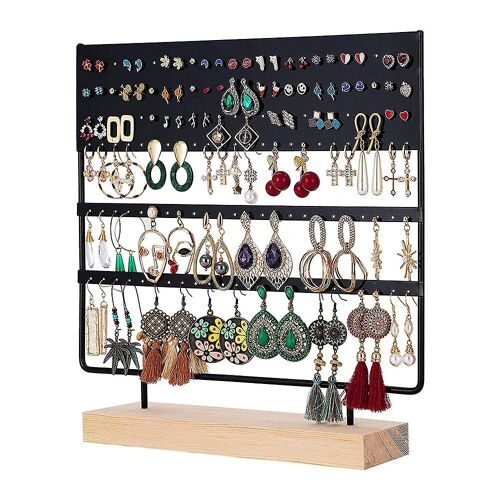 Présentoir À Boucles D'oreilles En Bois Noir Et Métal Avec 144 Trous Pour Bijoux, 3 Niveaux, Idéal Pour La Maison Et Les Cadeaux
