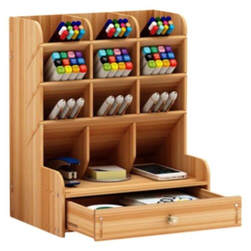 Organiseur de bureau en bambou avec 9 compartiments et tiroir, finition bois naturel, design compact, aucun assemblage requis
