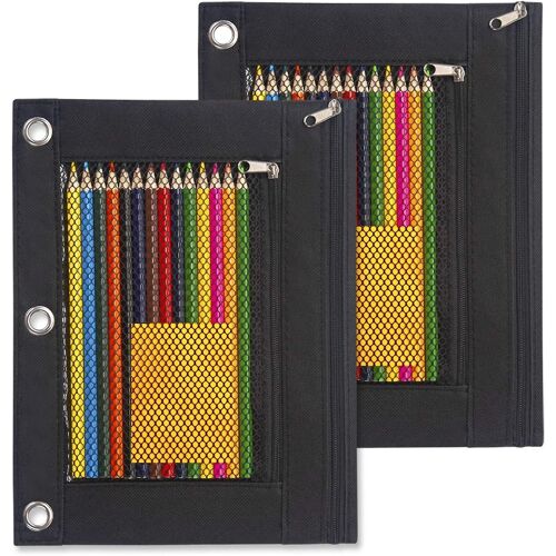 Trousse À Crayons À Fermeture Éclair À 3 Anneaux Avec Fenêtre Transparente, 2 Compartiments, Organiseur Durable Pour Fournitures Scolaires Et Petits Objets
