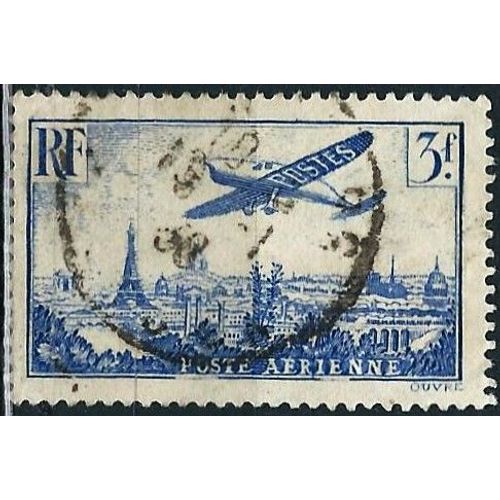 France 1936, Beau Timbre De Poste Aerienne Yvert 12, Avion Postal Survolant Paris, Oblitéré, Tbe.