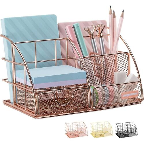 Organiseur de bureau à 6 compartiments, tiroir lisse, maille en acier durable, finition or rose, entièrement assemblé