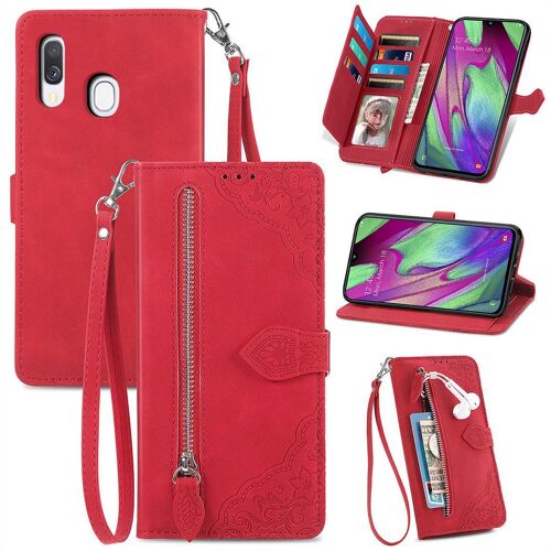 Saturcase Coque Pour Samsung Galaxy A40, Fleur Gaufrage Pu Cuir Magnétique Flip Portefeuille Poche Fermeture Éclair Support Porte-Carte Cordon Protecteur Housse Étui Pour Samsung Galaxy A40 (Rouge)