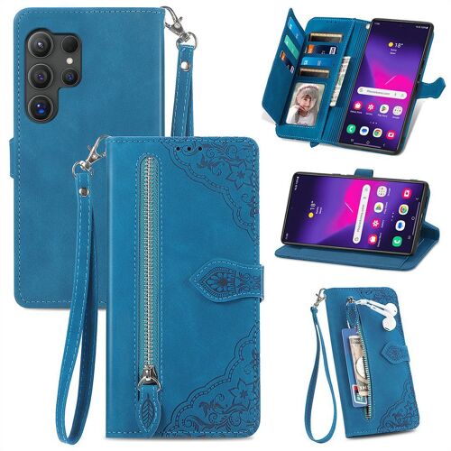 Saturcase Coque Pour Samsung Galaxy S24 Ultra, Fleur Gaufrage Pu Cuir Magnétique Flip Portefeuille Poche Fermeture Éclair Support Porte-Carte Cordon Protecteur Housse Étui Pour Samsung Galaxy S24 Ultra (Bleu)