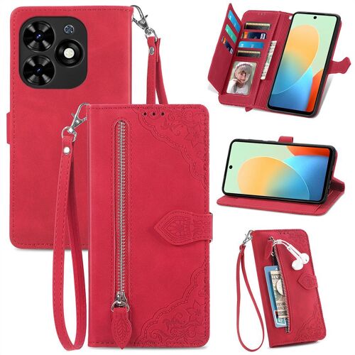 Saturcase Coque Pour Tecno Spark Go 2024, Fleur Gaufrage Pu Cuir Magnétique Flip Portefeuille Poche Fermeture Éclair Support Porte-Carte Cordon Protecteur Housse Étui Pour Tecno Spark Go 2024 (Rouge)