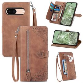 Saturcase Coque Pour Google Pixel 8a, Fleur Gaufrage Pu Cuir Magnétique Flip Portefeuille Poche Fermeture Éclair Support Porte-Carte Cordon Protecteur Housse Étui Pour Google Pixel 8a (Marron)