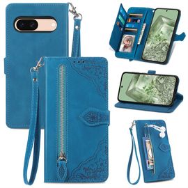 Saturcase Coque Pour Google Pixel 8a, Fleur Gaufrage Pu Cuir Magnétique Flip Portefeuille Poche Fermeture Éclair Support Porte-Carte Cordon Protecteur Housse Étui Pour Google Pixel 8a (Bleu)