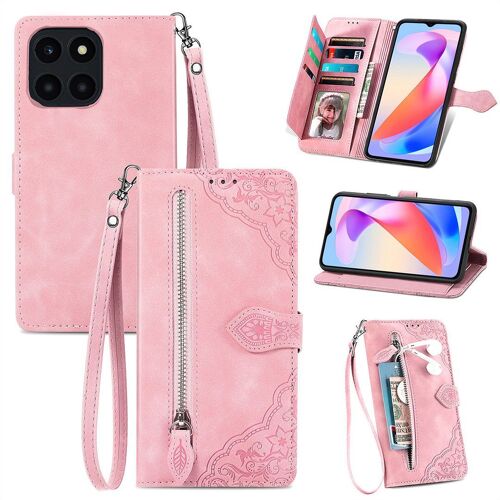 Saturcase Coque Pour Honor X6a, Fleur Gaufrage Pu Cuir Magnétique Flip Portefeuille Poche Fermeture Éclair Support Porte-Carte Cordon Protecteur Housse Étui Pour Honor X6a (Rose)