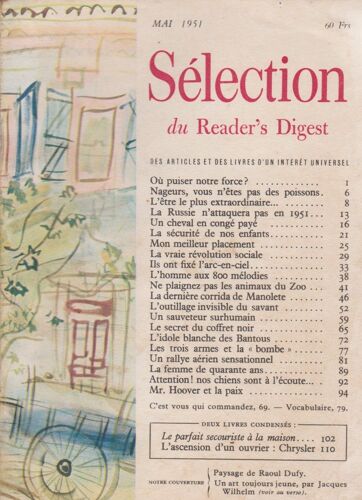 Selection Reader S Digest Mai 1951 . Cheval Whisky . Corrida De Manolete . Godsky Et Mannes O