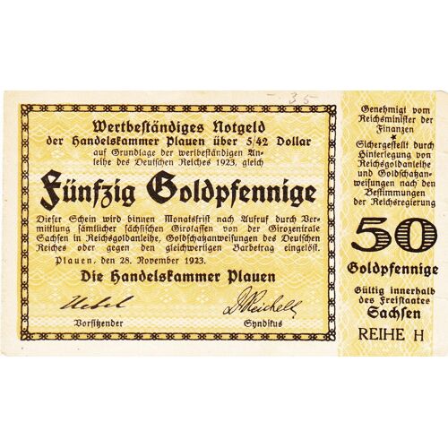 Billet Allemand - 50 Goldpfennig Plauen 12 Nov 1923