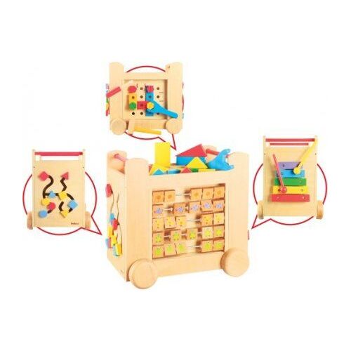 Grand Chariot Multi Activite Sur Roulettes En Bois 39 X 35 X 27 Cm (Lxlxh) - Cube De Marche - Jouet Bebe