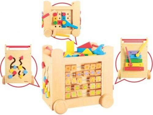 Grand Chariot Multi Activite Sur Roulettes En Bois 39 X 35 X 27 Cm (Lxlxh) - Cube De Marche - Jouet Bebe