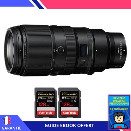 Nikon Z 100-400mm F4.5-5.6 VR S + 2 SanDisk 128GB Extreme PRO UHS-II SDXC 300 MB/s + Ebook 'Devenez Un Super Photographe' - Objectif Nikon Z pour Nikon Hybride