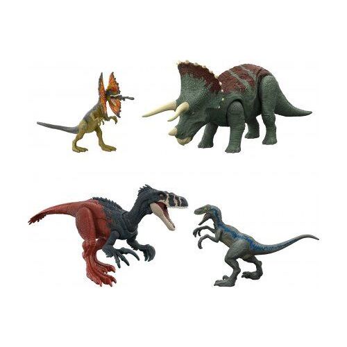 Mega Coffret Jurassic World Dino Velociraptor blue + Megaraptor + Triceratops + Dilophosaurus - Set Dinosaure + 1 Carte Animal