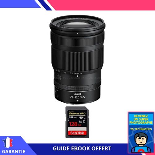 Nikon Z 24-120mm F4 S + 1 SanDisk 128GB Extreme PRO UHS-II SDXC 300 MB/s + Ebook 'Devenez Un Super Photographe' - Objectif Nikon Z pour Nikon Hybride