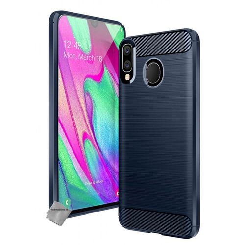 Housse Etui Coque Silicone Gel Carbone Pour Samsung Galaxy A40 + Verre Trempe - Bleu Fonce